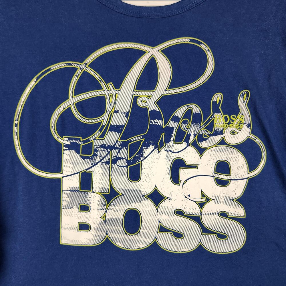 Hugo Boss Shirt Mens 3XL Blue Big Logo Graphic Long Sleeve Tee Preppy Script